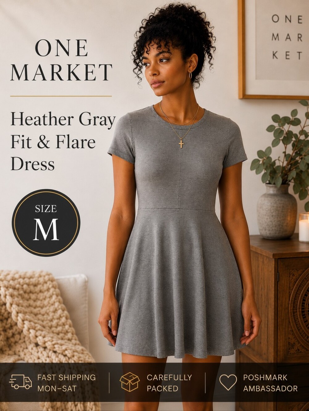 One Market Gray Fit & Flare Skater Dress M